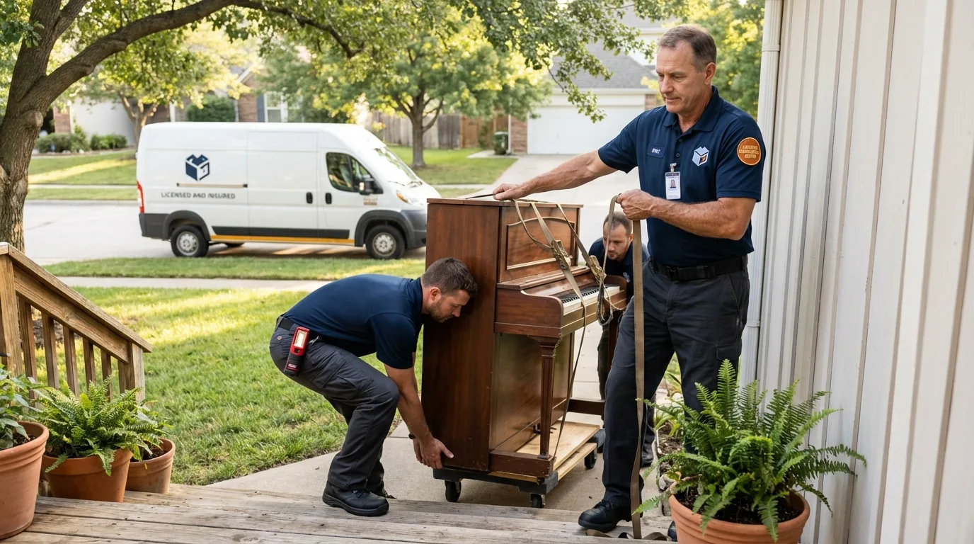 Licensed piano movers securing grand piano in East Canton, OH