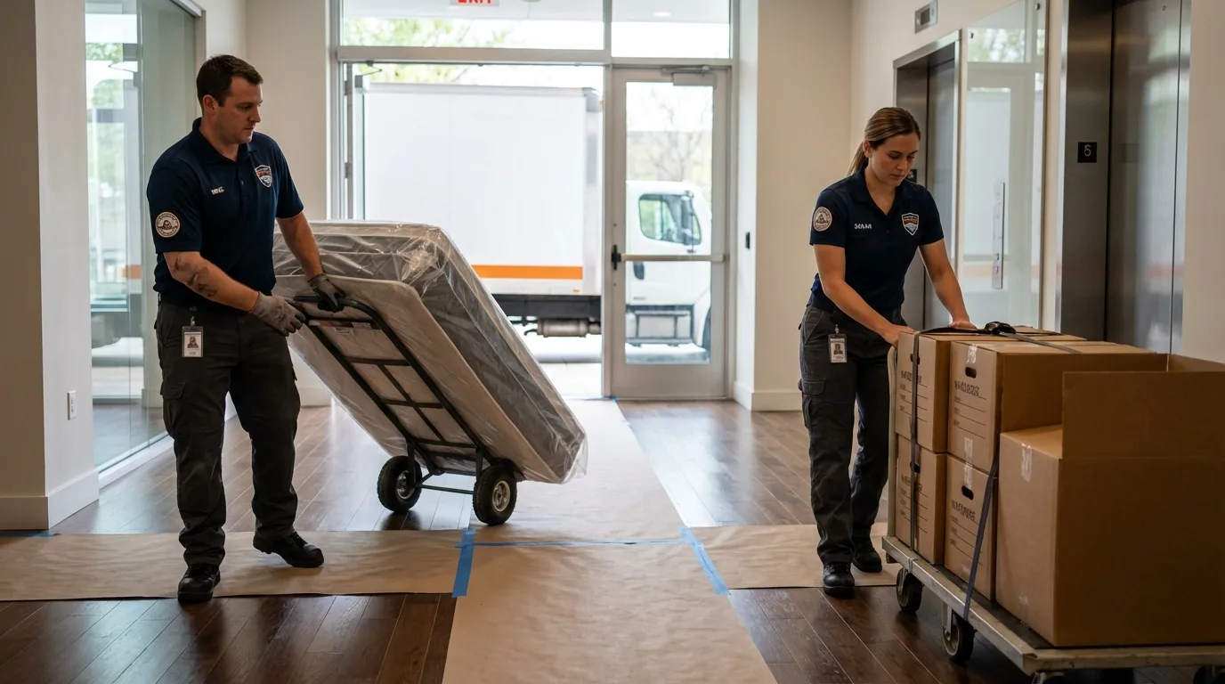 Professional apartment movers loading elevator in East Canton, OH