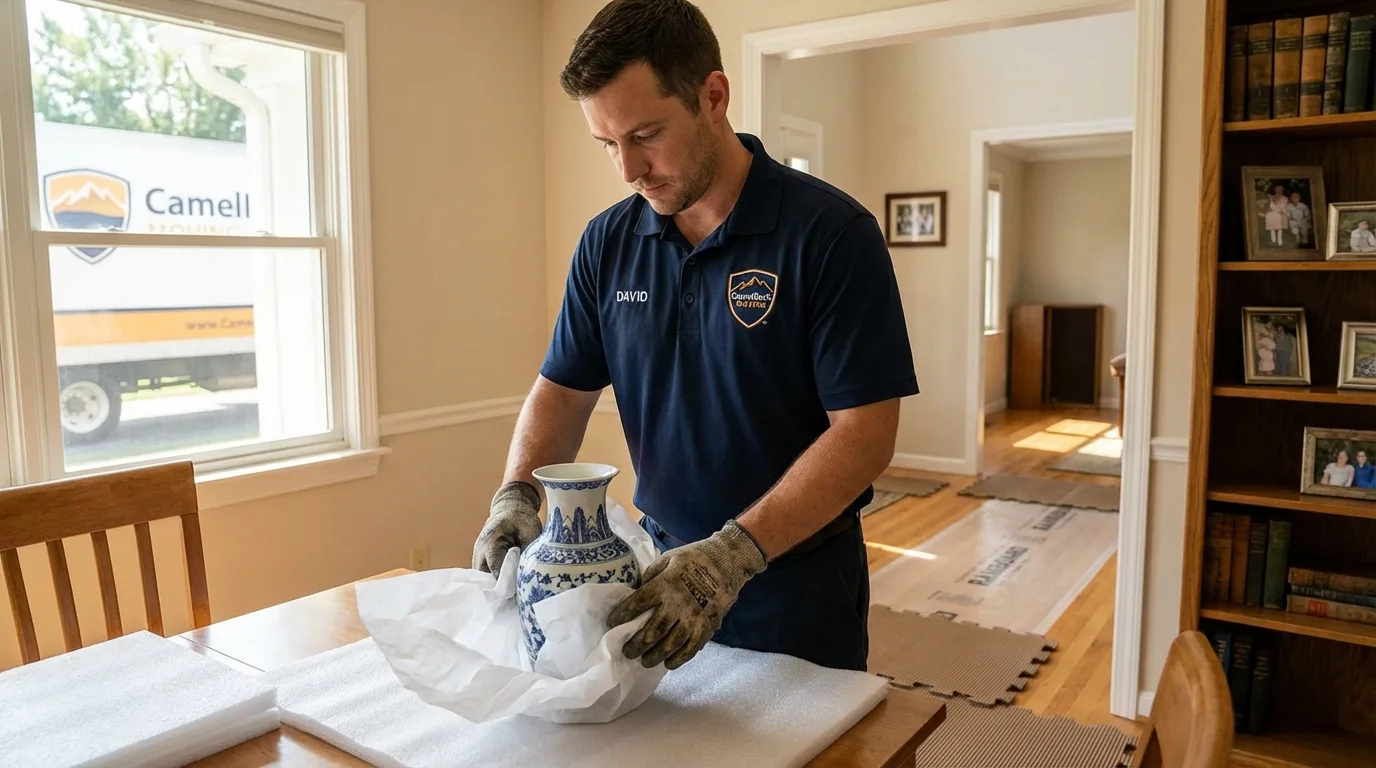 Professional crew carefully wrapping antique vase for senior downsizing move in East Canton, OH